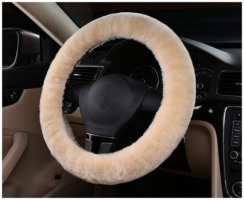  [AUSTRALIA] - QINU Wool Car Steering Wheel Cover, Auto Vehicle Non-Slip Steering Wheel Cushion Protector Available for 35cm-42cm (Beige) Beige