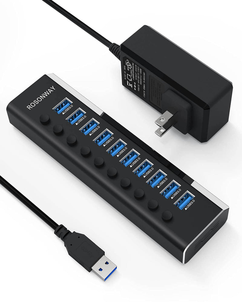 Powered USB Hub, Rosonway Aluminum 10 Port USB 3.0 Data Hub with 36W (12V/3A) Power Adapter and Individual On/Off Switches USB Splitter(RSH-A10) - LeoForward Australia