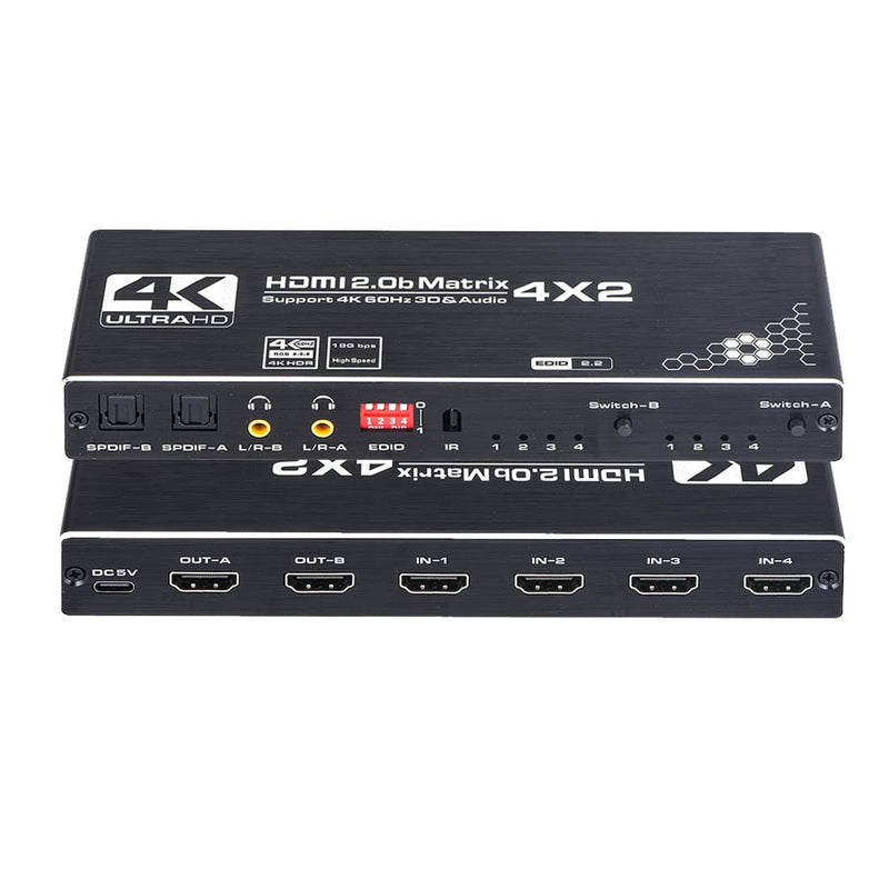  [AUSTRALIA] - 4K HDMI Matrix Switch, 4x2 HDMI Matrix Switcher Splitter 4 in 2 Out with EDID Extractor and IR Remote Control, Support 4K HDR, HDMI 2.0b, HDCP 2.2 4K@60Hz, 3D, 1080P