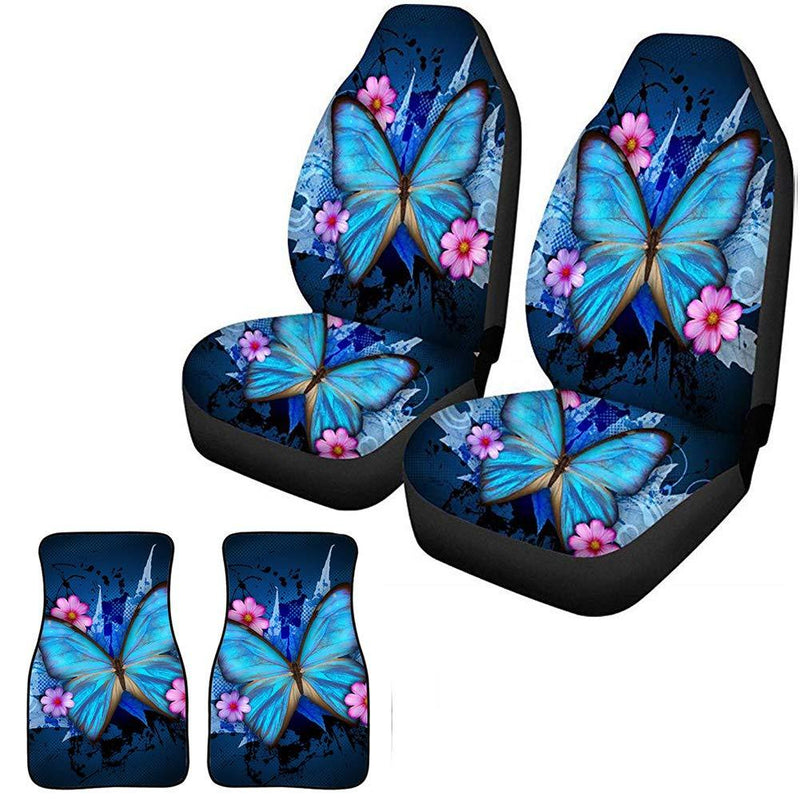 [AUSTRALIA] - Coloranimal Blue Butterfly Flower Print Automobiles Car Floor Mat 4 Sets Seat Protector Auto Seats Cover