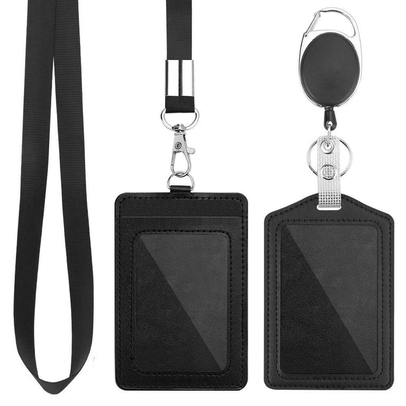  [AUSTRALIA] - 2 Pack Badge Holders, Vertical PU Leather ID Badge Card Holder with 1 Clear ID Window, with Detachable Neck Lanyard Strap and Retractable Badge Reel ID Card Holders Set