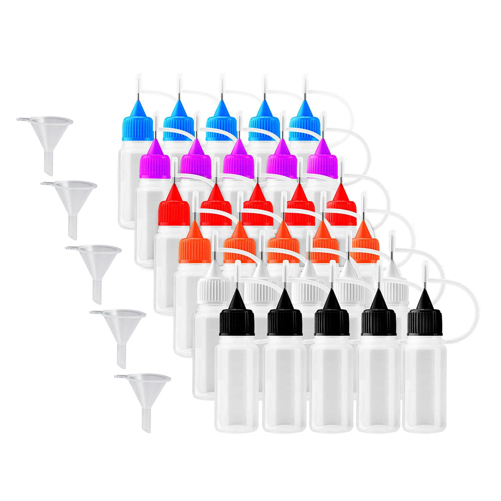  [AUSTRALIA] - 30pcs 10ml Needles Precision Tip Applicator, Translucent Glue Bottles and 6 Color Tips for Quilling Craft, Acrylic Painting, with 5 Funnel (Multicolor - 30pcs)