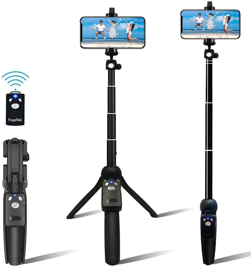  [AUSTRALIA] - Fugetek 48" Compact Selfie Stick & Tripod, Extendable, Wireless Bluetooth Remote, Lightweight Aluminum, Travel Ready, Compatible with iPhone 14 13 12 Pro Xs Max Xr X 8Plus 7 & Android Black