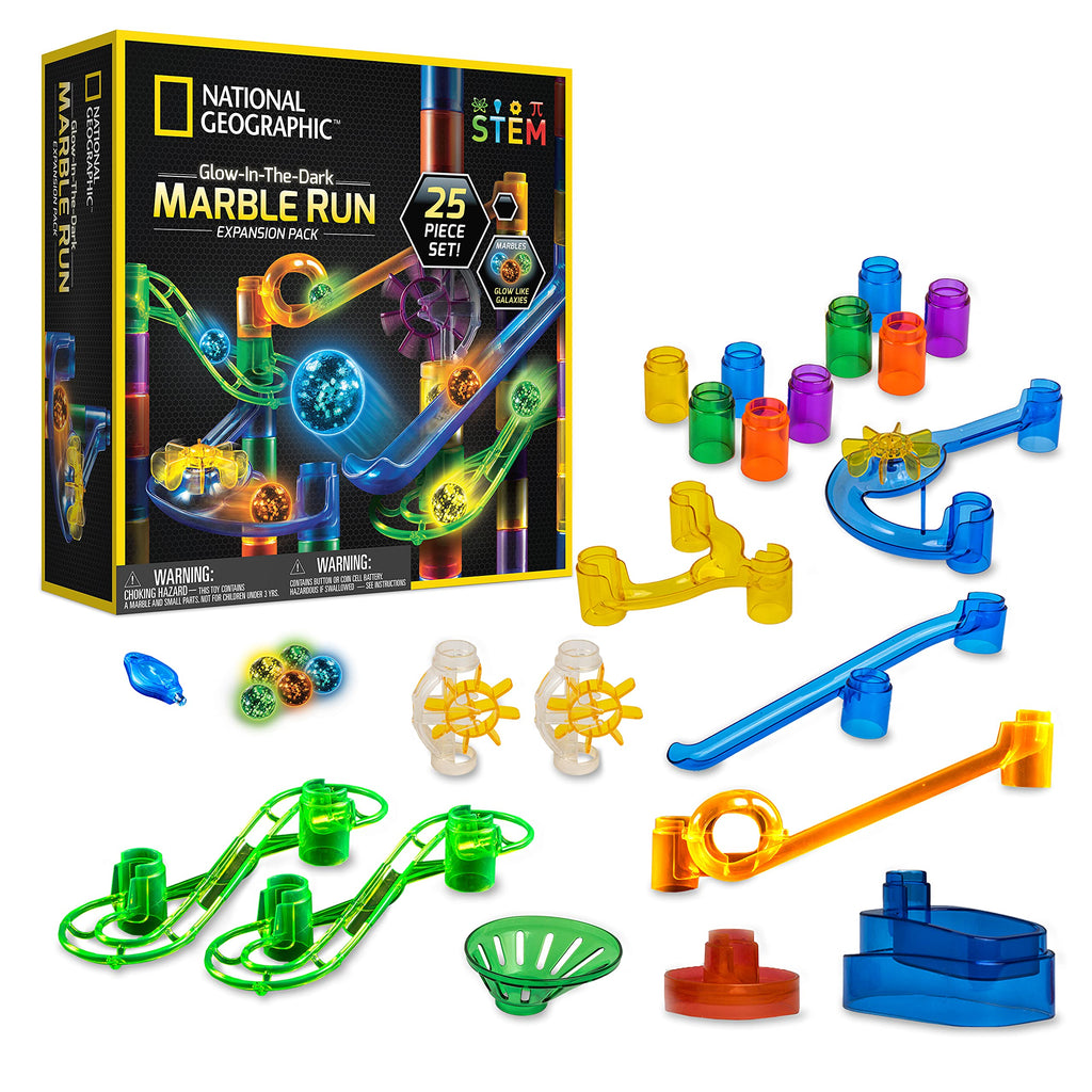 NATIONAL GEOGRAPHIC Glowing Marble Run – Expansion Pack with 5 Glow in The Dark Glass Marbles, 20 Construction Pieces, UV Light Key Chain, Great Creative STEM Toy for Girls and Boys - LeoForward Australia
