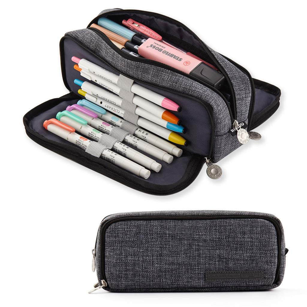  [AUSTRALIA] - ANGOOBABY Large Pencil Case Big Capacity 3 Compartments Canvas Pencil Pouch for Teen Boys Girls School Students (Black) Black