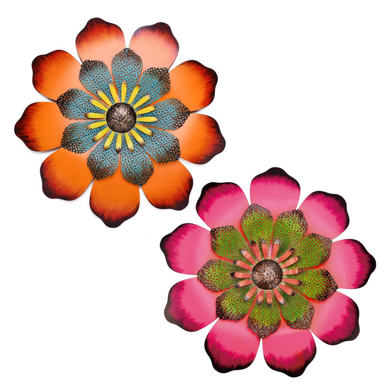  [AUSTRALIA] - Yeahome 16'' Metal Flower Wall Decor - Wall Art Decorations Hanging for Bedroom, Living Room, Bathroom- Office/Home Decor Boho Art, Handmade Gift for Indoor or Outdoor, Set of 2(Tangerine & Hot Pink) Mothers day gifts 2-pack Flowers-006