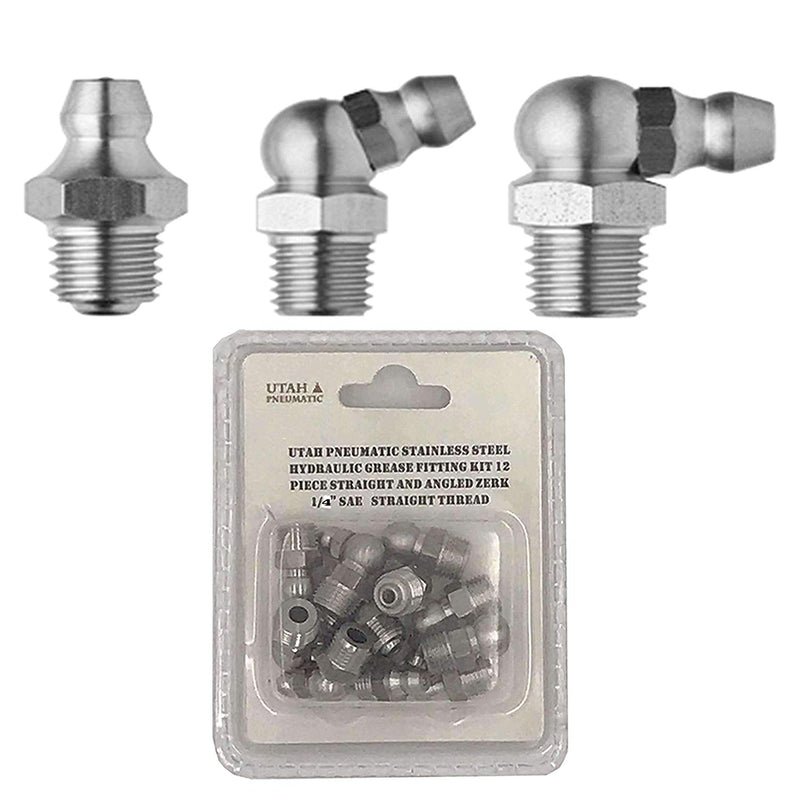 [AUSTRALIA] - Utah Pneumatic 1/4" SAE Stainless Steel Grease Fittings Kit 4pcs-Straight, 4pcs-90-Degree,4pcs 45-Degree Angled Zerks Hydraulic Grease Fittings Nippel Assortment (Pack of 12) 1/4 SAE