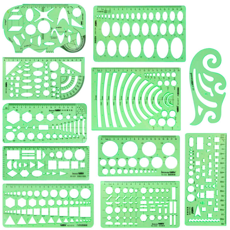 Arroyner 11 Pieces Drawings Templates Geometry Rulers Plastic Shape Templates for Drawing Engineering, Building, School and Office - LeoForward Australia