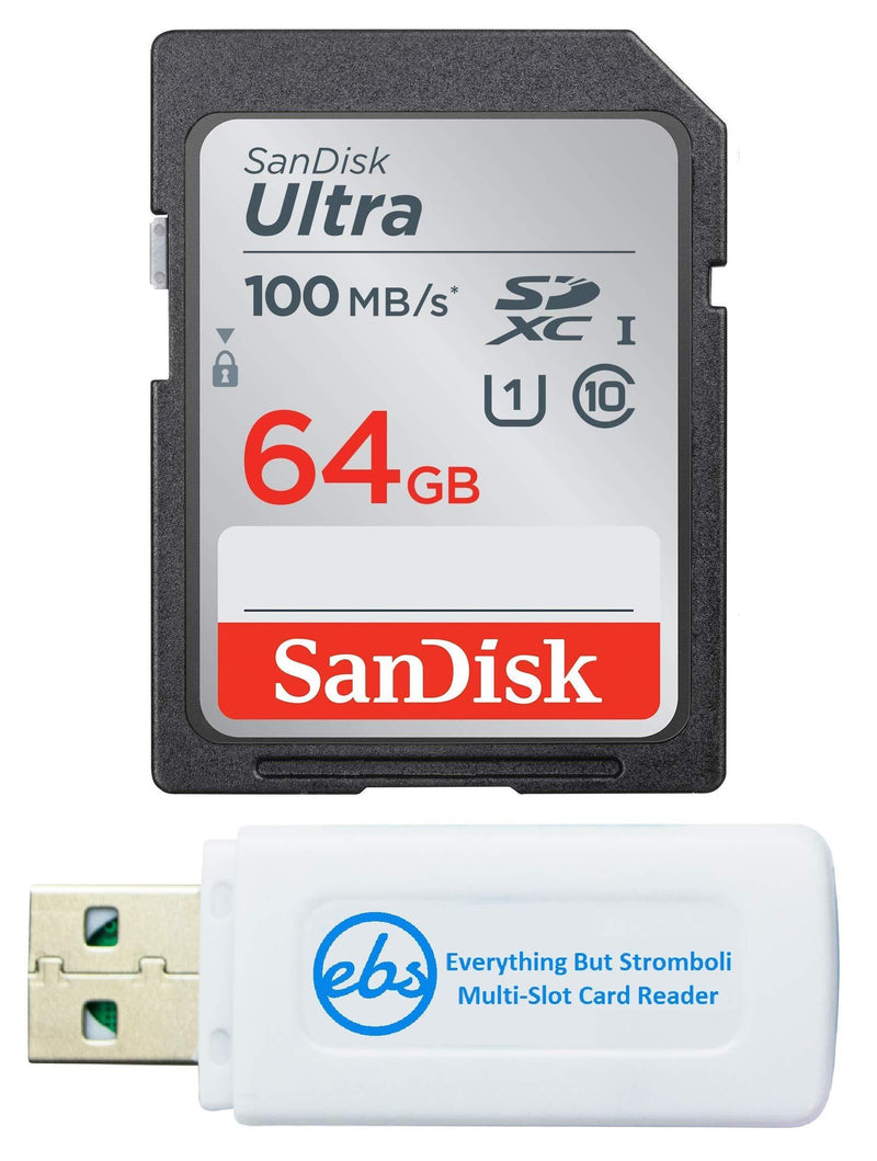 SanDisk 64GB SDXC Ultra Memory Card Works with Panasonic Lumix DC-FZ80, DC-ZS70, DMC-FZ300, DMC-LX10 Digital Camera (SDSDUNR-064G-GN6IN) Bundle with (1) Everything But Stromboli SD Card Reader - LeoForward Australia