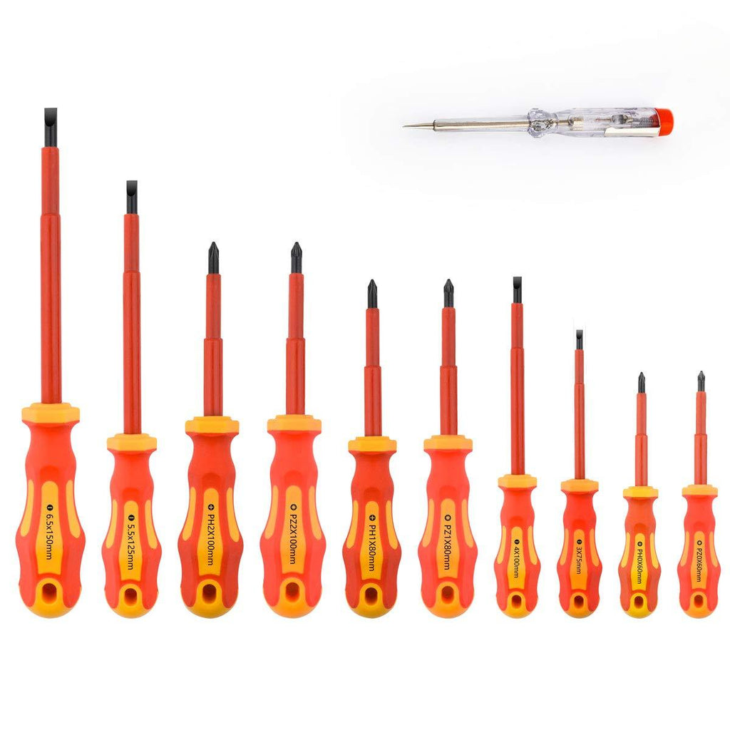 Gunpla 11 Pieces VDE Insulated Screwdriver Set, 1000V with Black Tip Magnetic, TPR Handle Electrician Soft-Grip Slotted Phillips and Pozi Tools with Safety Tester for Electrician Repair - LeoForward Australia