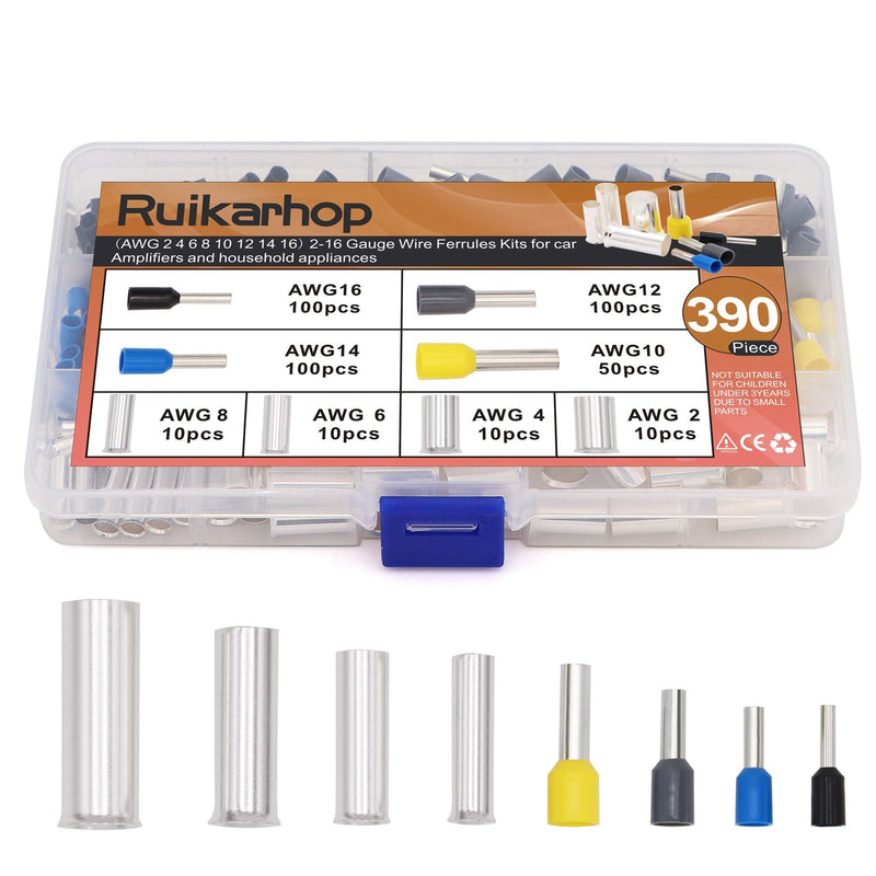  [AUSTRALIA] - Ruikarhop 390pcs AWG (2 4 6 8 10 12 14 16) Wire Ferrules Kits Crimp Terminal Connector Sleeves A type
