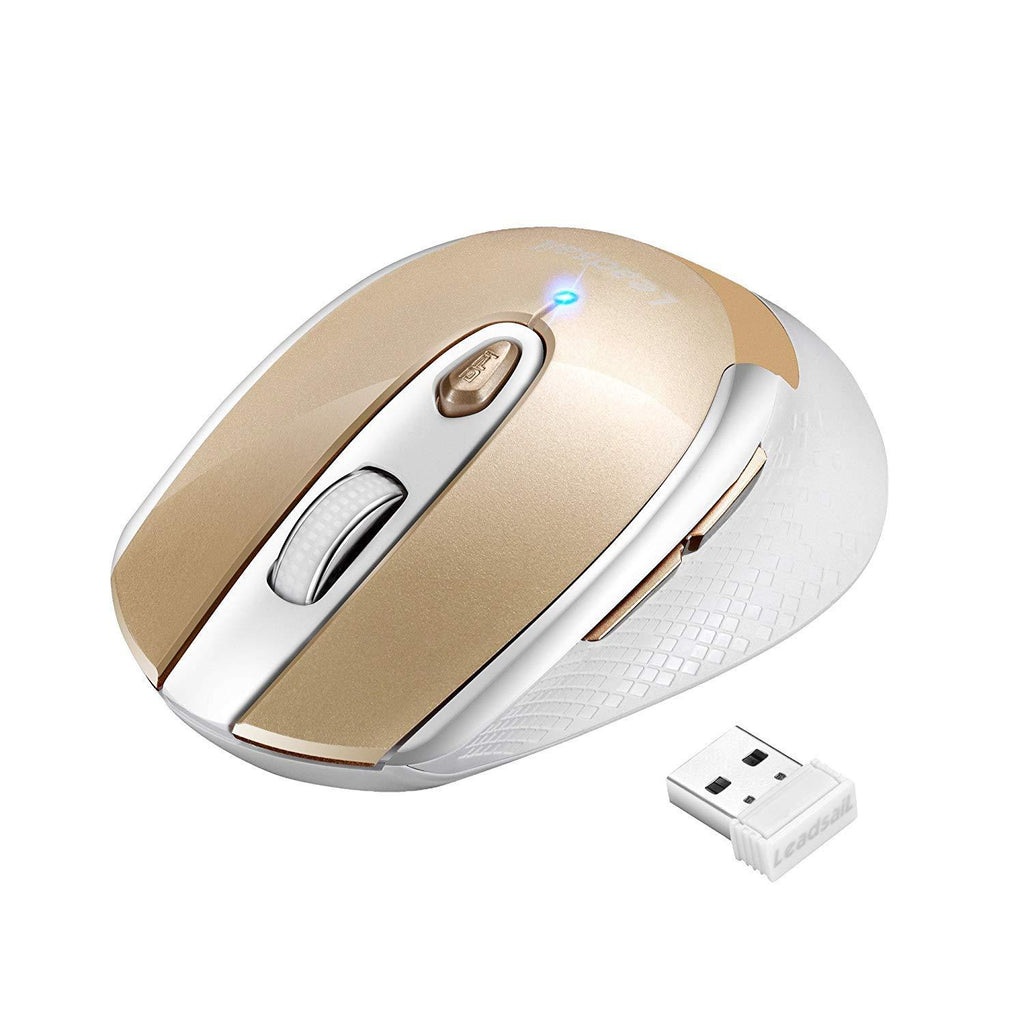 LeadsaiL Wireless Computer Mouse, 2.4G Portable Slim Cordless Mouse Less Noise for Laptop Optical Mouse with 6 Buttons, AA Battery Used, USB Mouse for Laptop, Deskbtop, MacBook (Gold) Gold - LeoForward Australia