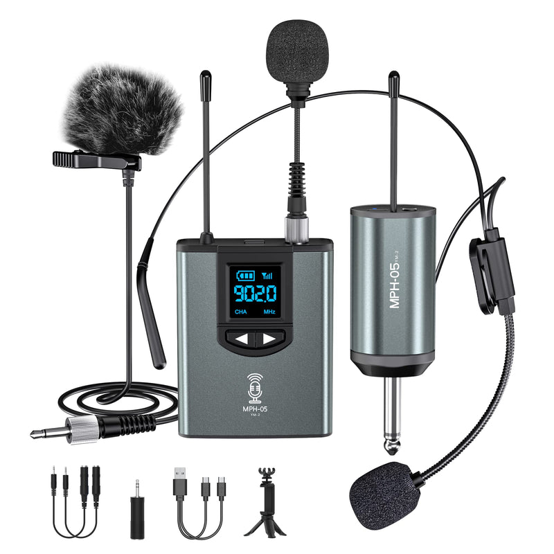  [AUSTRALIA] - Wireless Microphone System Headset Mic/Stand Mic/Lavalier Lapel Mic with Rechargeable Bodypack Transmitter & Receiver 1/4" Output for iPhone, PA Speaker, DSLR Camera, Recording, Teaching, Church, Vlog 1T1R