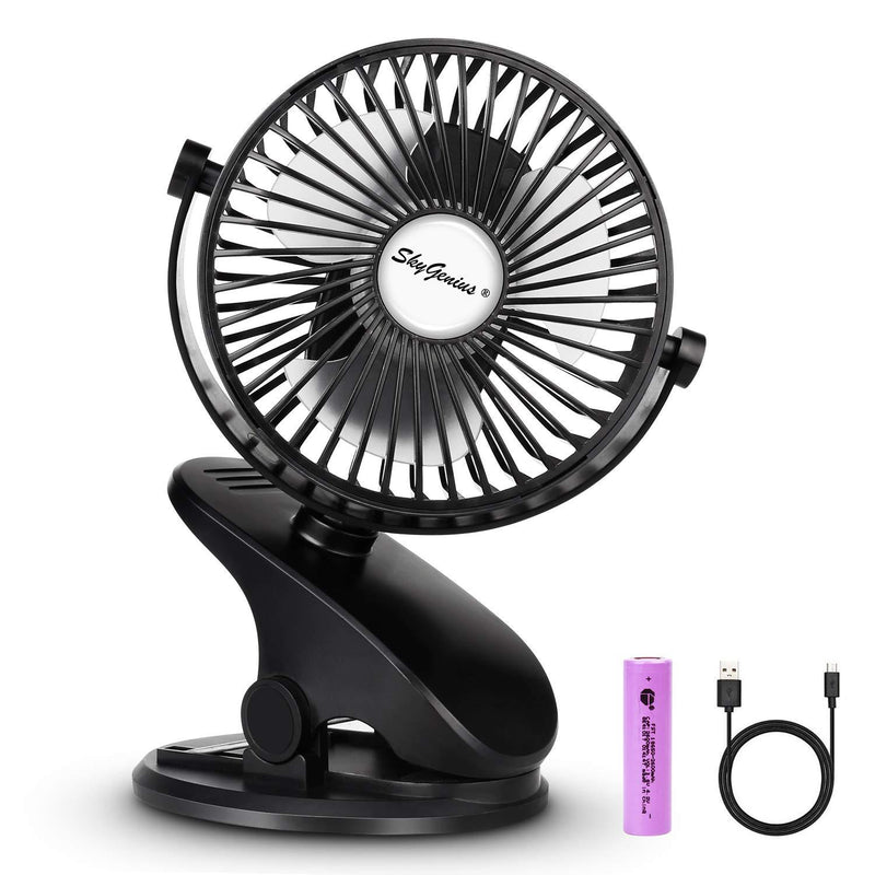  [AUSTRALIA] - SkyGenius Battery Operated Stroller Fan, Rechargeable USB Powered Mini Clip on Desk Fan Black