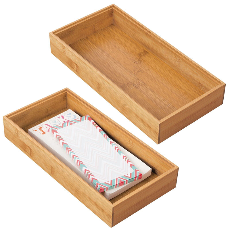 mDesign Bamboo Farmhouse Home, Office Storage Bin Tray - Desk and Drawer Organizer - for Gel Pens, Pencils, Markers, Erasers, Tape, Notepads - 2 Pack - Natural 6 x 12 x 2 - LeoForward Australia