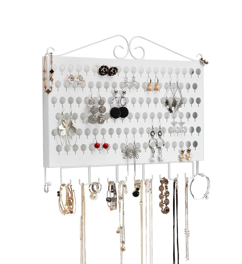  [AUSTRALIA] - J JACKCUBE DESIGN Wall Mounted Jewelry Organizer, Earring Necklace Bracelet Holder Display Hanger with 117 Holes & 12 Hooks (White, 16.54 x 12.2 x 0.75 inches) - MK319B White