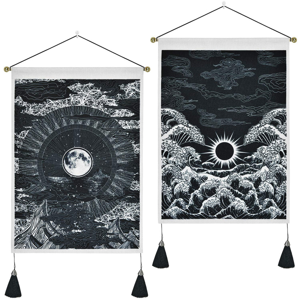  [AUSTRALIA] - Pack of 2 Tapestry Moon and Star Tapestry Ocean Wave Tapestry Black and White Tapestries Mountain Tapestry Sunset Great Wave Tapestry Wall Hanging for Room (13.8 x 19.7 inches)