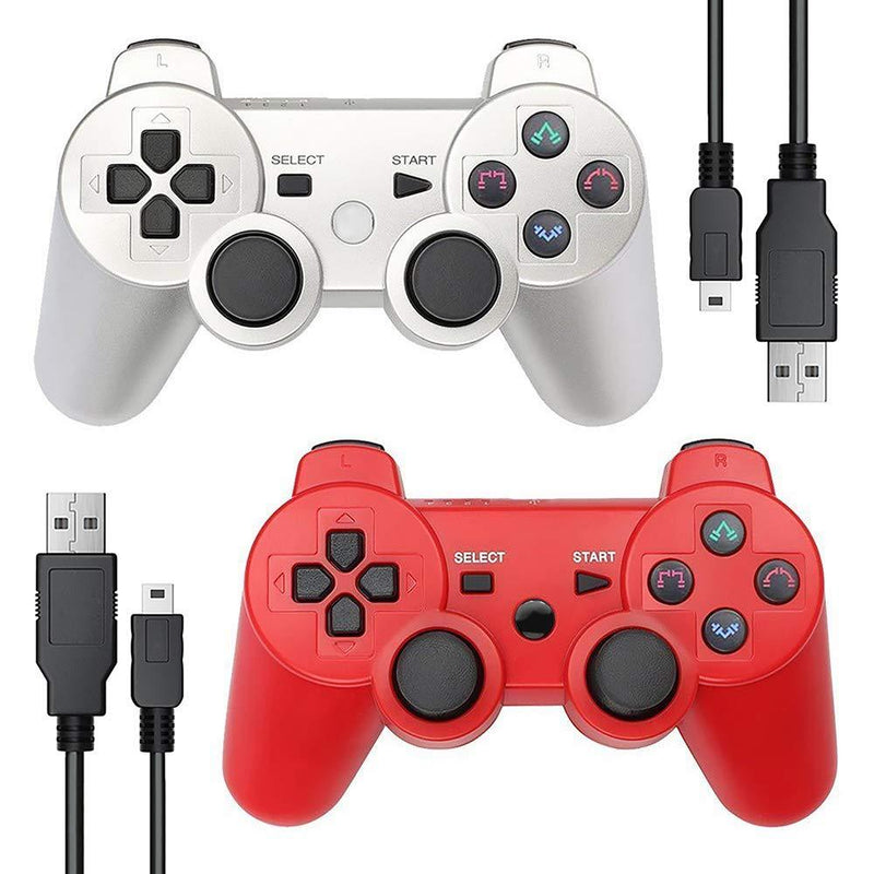 [AUSTRALIA] - Autker PS3 Controller Wireless 2 Pack Game Controller Double Vibration for Playstation 3 with 2 Charging Cable (Silver+Red) Silver+Red