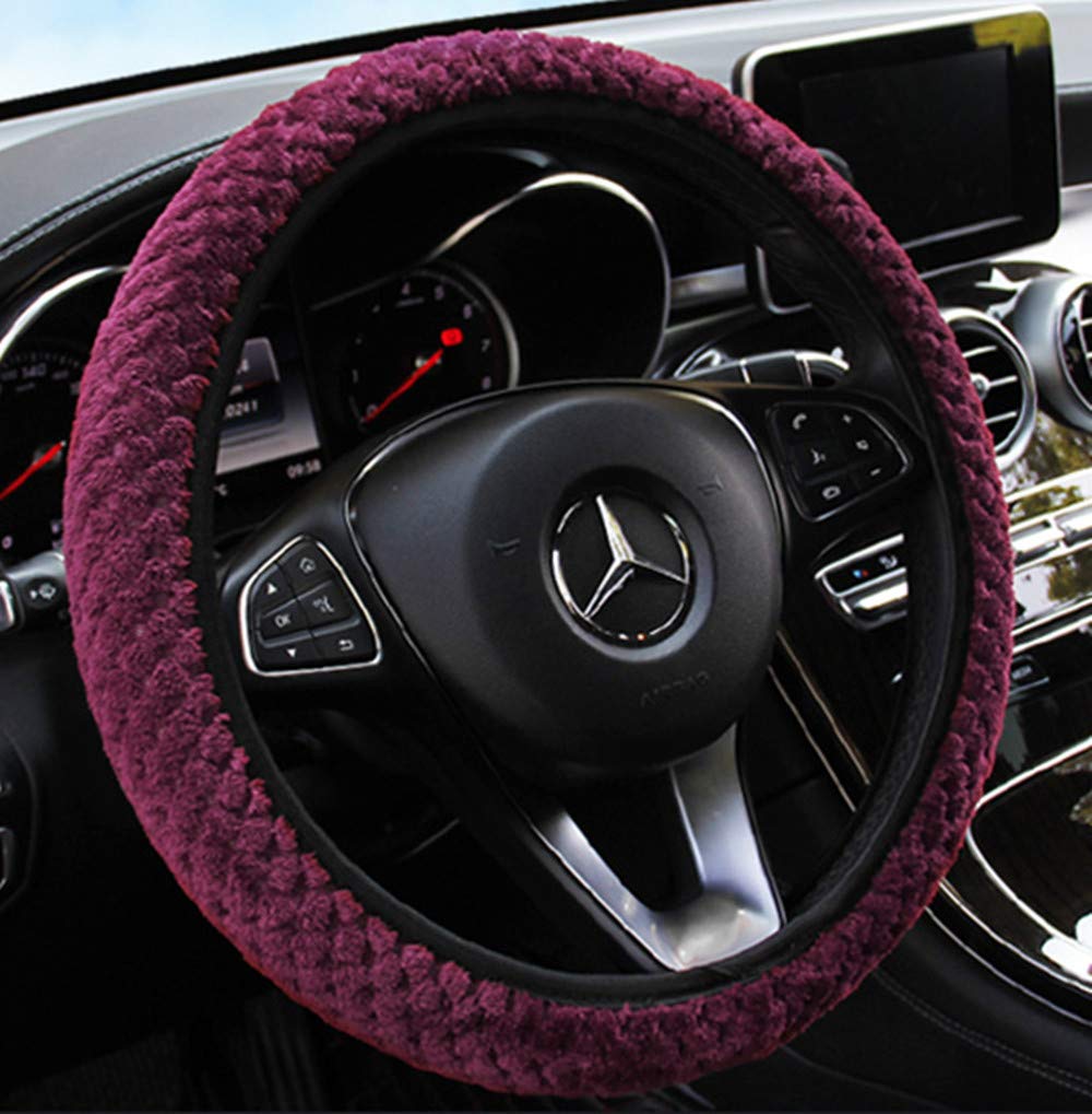  [AUSTRALIA] - ZHOL Universal 15 inch Steering Wheel Cover Elastic Plush, Keep Warm, Breathable, Anti-Slip, Odorless, Claret Color