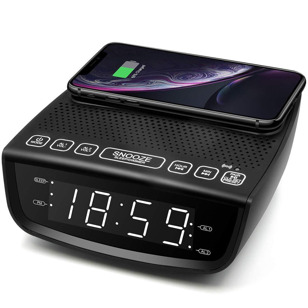 dpnao Alarm Clock FM Radio with Wireless Charging USB Charging Port Bluetooth Function Dual Alarm 3-Level Dimmer Snooze for Home Bedroom Bedside - LeoForward Australia