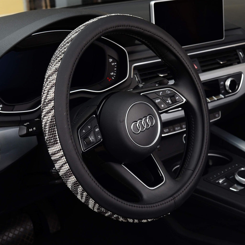  [AUSTRALIA] - KAFEEK Diamond Leather Steering Wheel Cover with Bling Bling Crystal Rhinestones, Universal 15 inch Anti-Slip, Black Microfiber Leather Gray Stripe Diamond