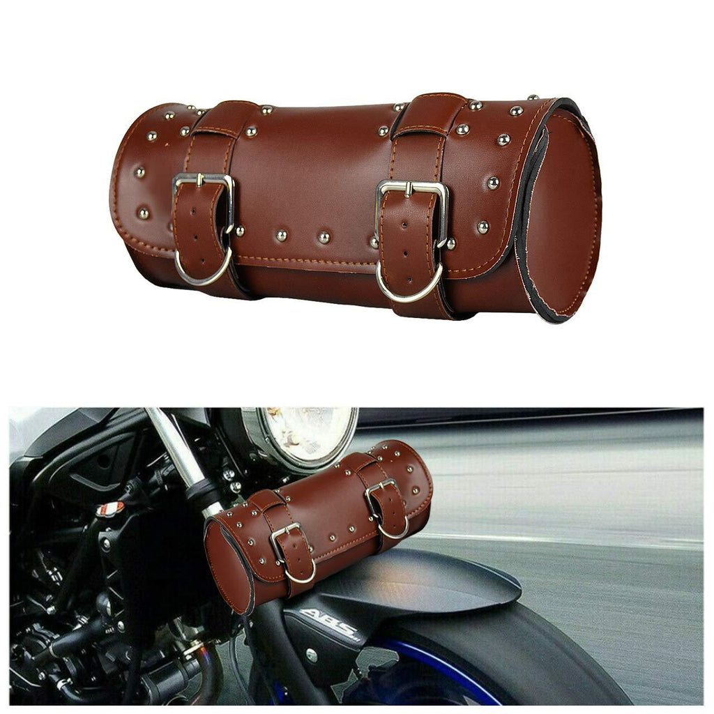  [AUSTRALIA] - YHMTIVTU Motorcycle Handlebar Bag Roll Tool Bag PU Leather Saddlebags Storage Tool Pouch Brown Rivet-Brown