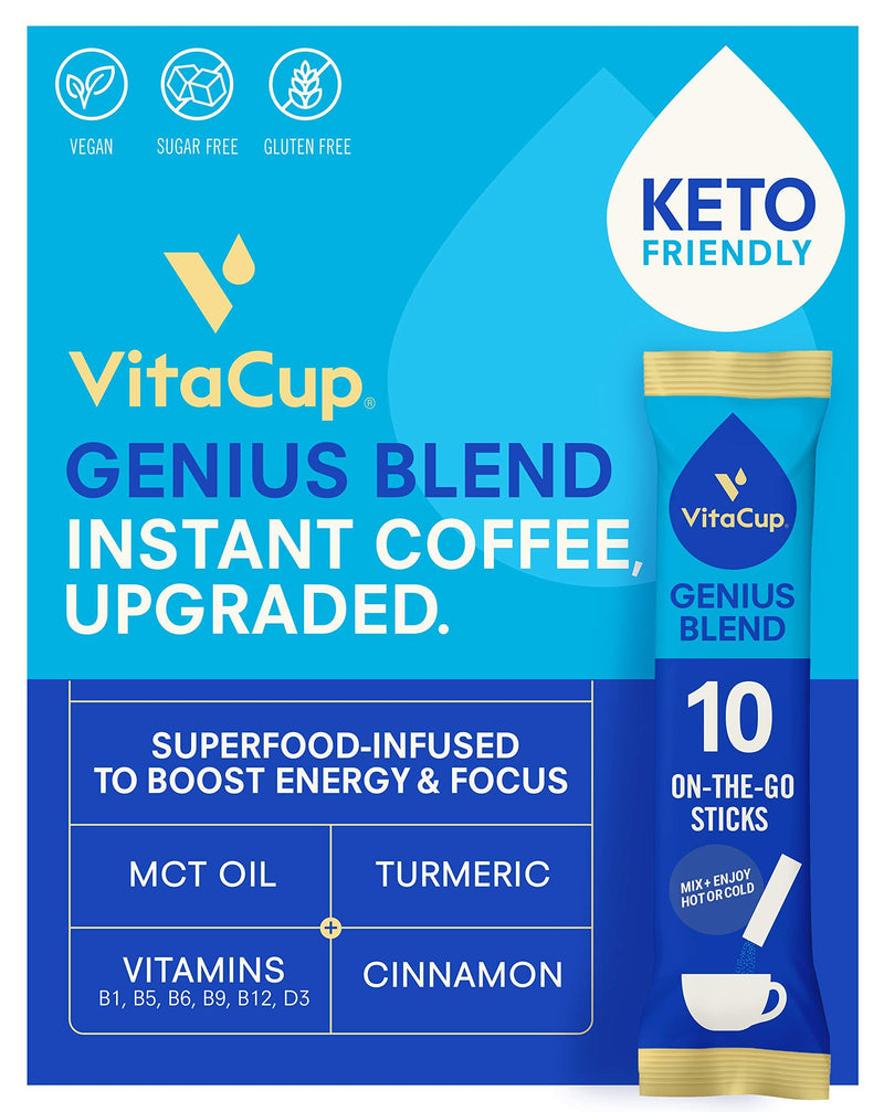 VitaCup Instant Coffee Packets, Genius Keto Coffee, Serve Hot or Cold Brew for Energy & Focus with MCT Oil, Turmeric, Vitamins B1, B5, B6, B9, B12, D3 in single serve packs, 10 sticks 10 Count (Pack of 1) - LeoForward Australia