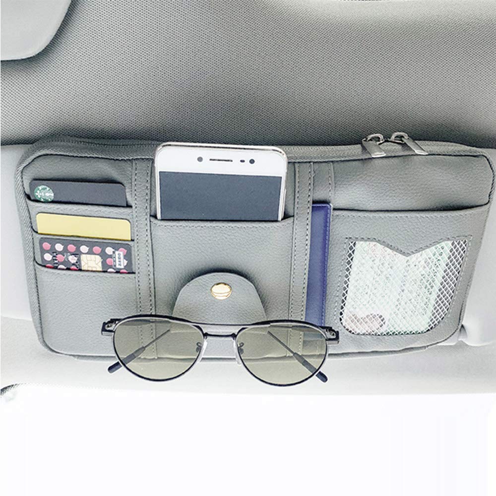  [AUSTRALIA] - ENINFUT Car Sun Visor Organizer, PU Leather Auto Interior Accessories Pocket Organizer with Multi-Pocket with Zipper Net (Gray) Gray