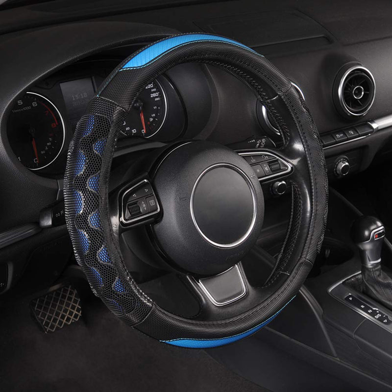  [AUSTRALIA] - TOYOUN Car Steering Wheel Cover Pu Leather Universal Fit 14.5 to15 inch PE Gel Massage Side Sport Grip Honeycomb Design Breathable Antiskid Sporty Racing Style Auto Steering Wheel Cover, Blue