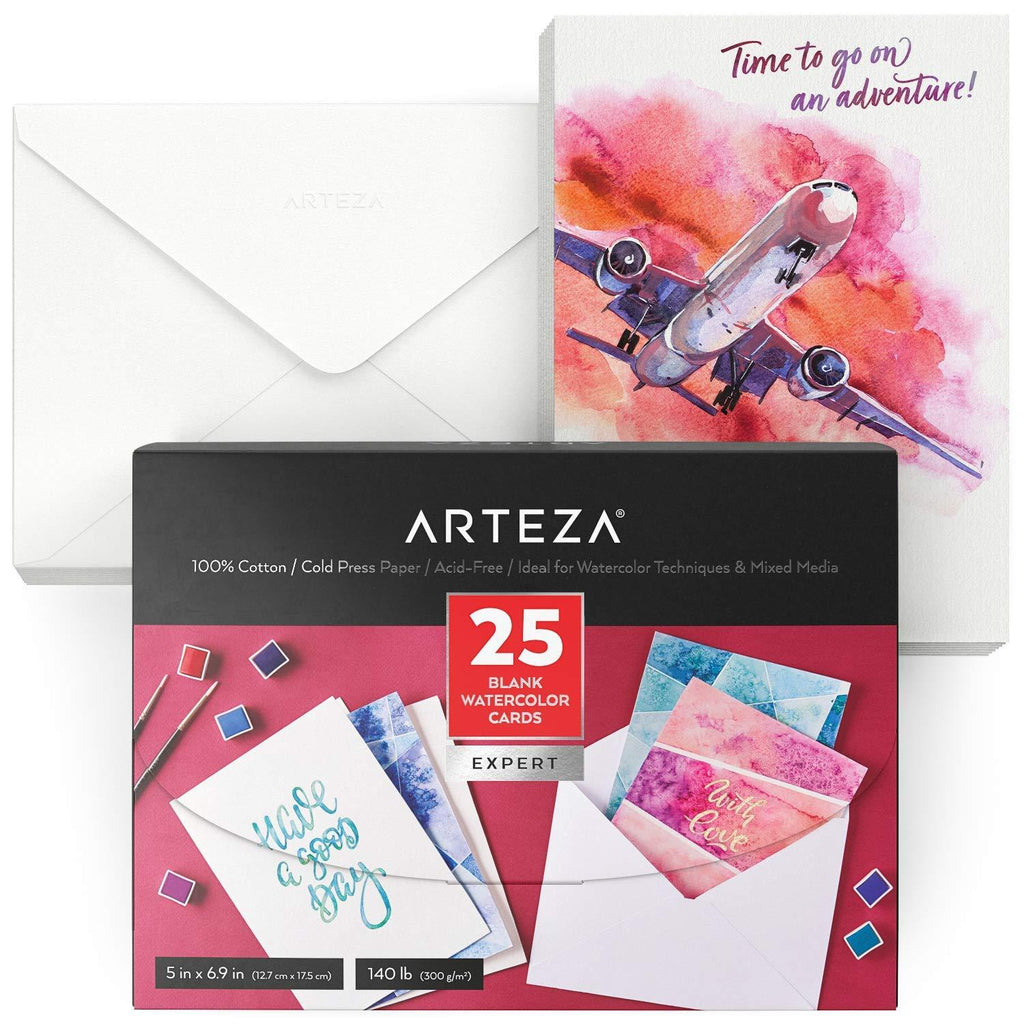 Arteza Blank Watercolor Cards with Envelopes, Set of 25, 5 x 6.9 Inches, 140 lb Heavyweight Paper, 100% Cotton Watercolor Postcards, Art Supplies for Thank You Notes, Invitations, and Greeting Cards 25 Pack (5x7 Inch) - LeoForward Australia