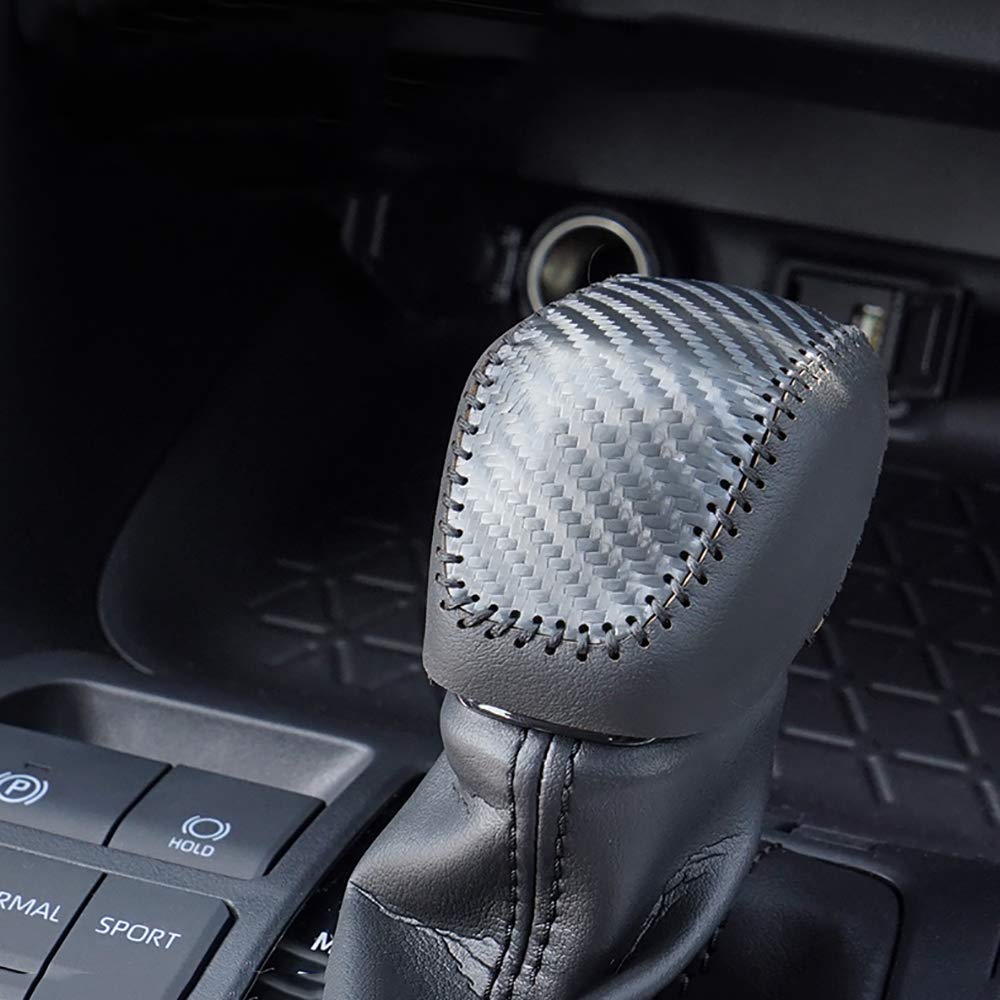  [AUSTRALIA] - Car Genuiner Leather Gear Shift Cover Carbon Fiber Black with Black Stitches Gear Shift Knob Cover for 2019 2020 Toyota RAV4 P-003