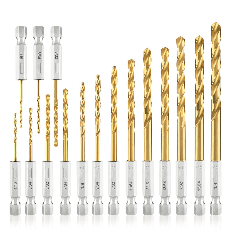  [AUSTRALIA] - amoolo Impact Drill Bit Set, 16pcs Titanium HSS Twist Hex Shank Drill Bit Set for Metal, Steel, Wood, Plastic, Quick Change Design (1/16”-1/4”) 1/16"-1/4" (13+3pcs)