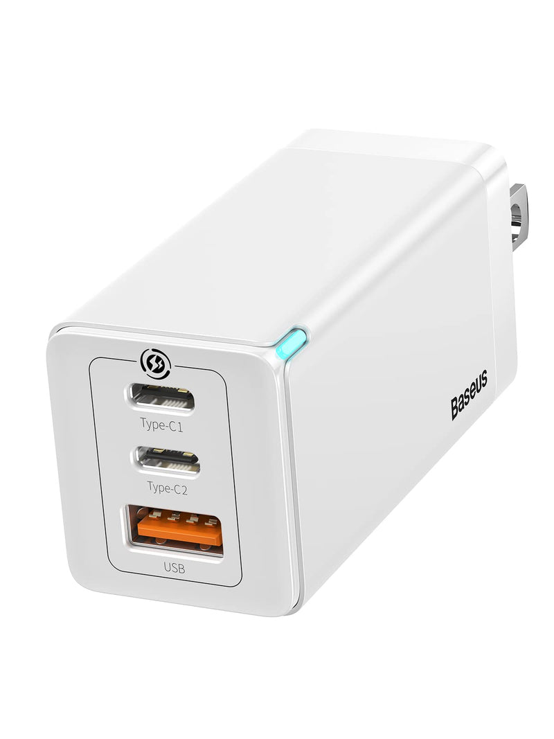  [AUSTRALIA] - USB C Charger, Baseus 65W 3 Port Foldable USB C Wall Charger, Fast PD GaN Charger for iPhone 13/13 Mini/13 Pro/13 Pro Max/SE/11/XR/XS, Samsung S22+/S22, MacBook Pro/Air, iPad, Laptops, Pixel 6, White