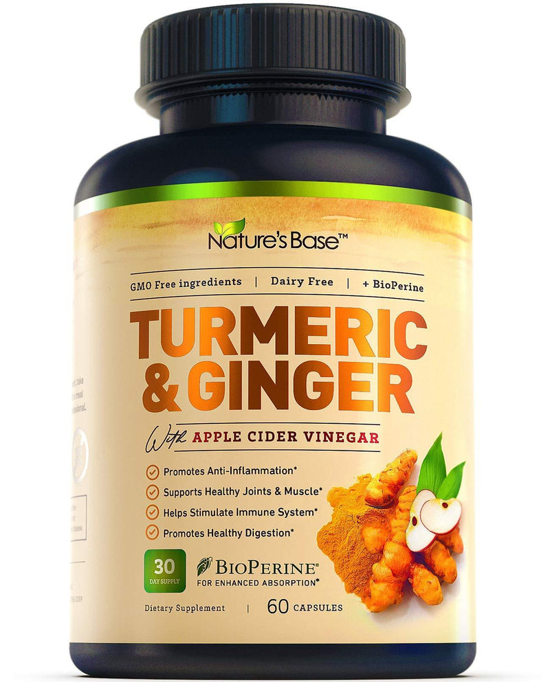 Turmeric Curcumin with Ginger & Apple Cider Vinegar, BioPerine Black Pepper, 95% Curcuminoids, Natural Joint & Healthly Inflammatory Support, Antioxidant Tumeric Supplement, Made in USA, Nature's Base 60 Count (Pack of 1) - LeoForward Australia