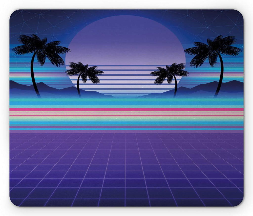 Ambesonne Synthwave Mouse Pad, Retrowave Design of Colorful Funky Stripes and Palms Galactic Moon, Rectangle Non-Slip Rubber Mousepad, Standard Size, Blue Violet Multicolor - LeoForward Australia