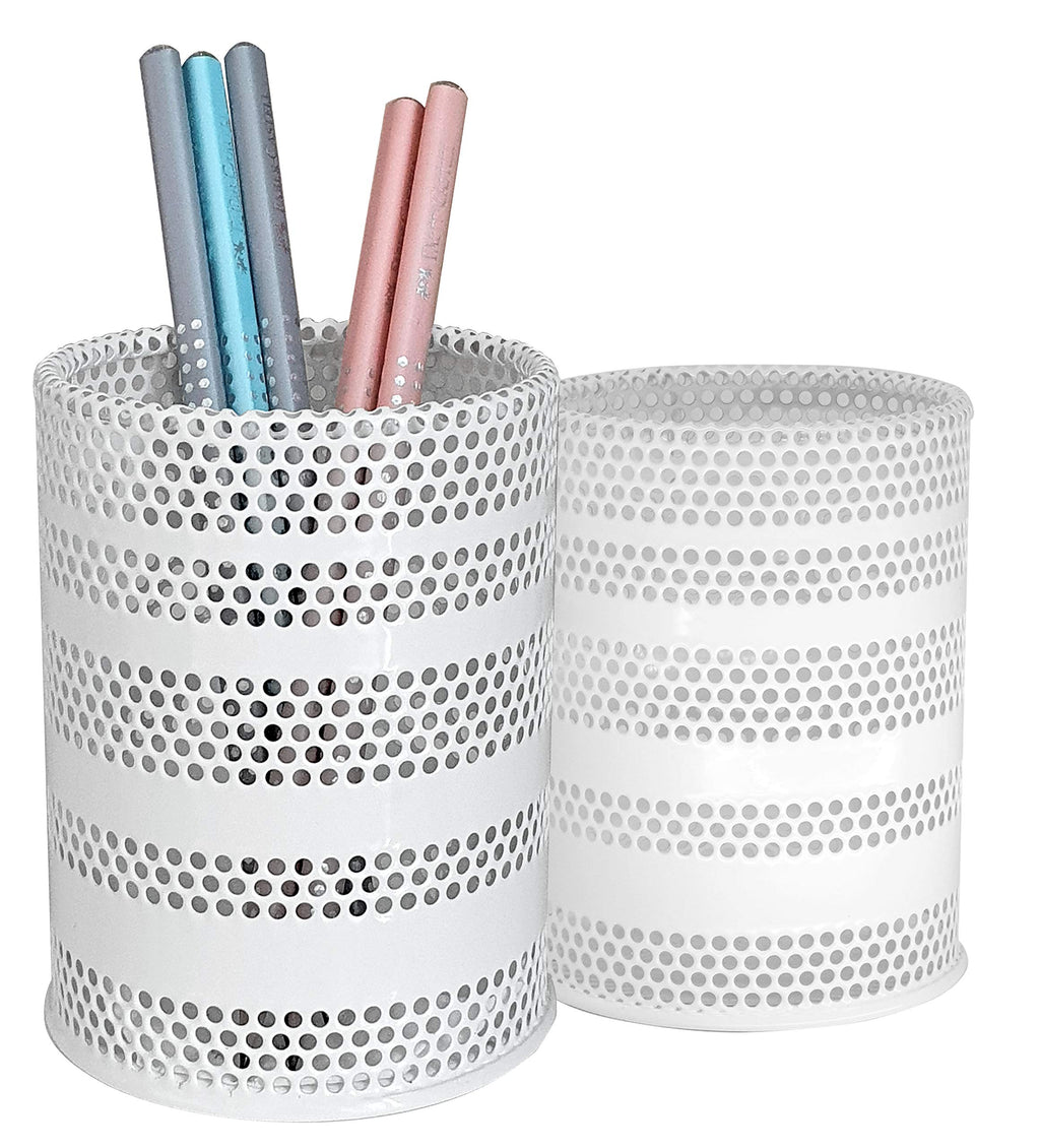 Produco Metal Mesh Pen Pencil Cup Holder Stand Office Desk Organizer Stationery Caddy Makeup Brush Holder (M), White, 2 Pack - LeoForward Australia