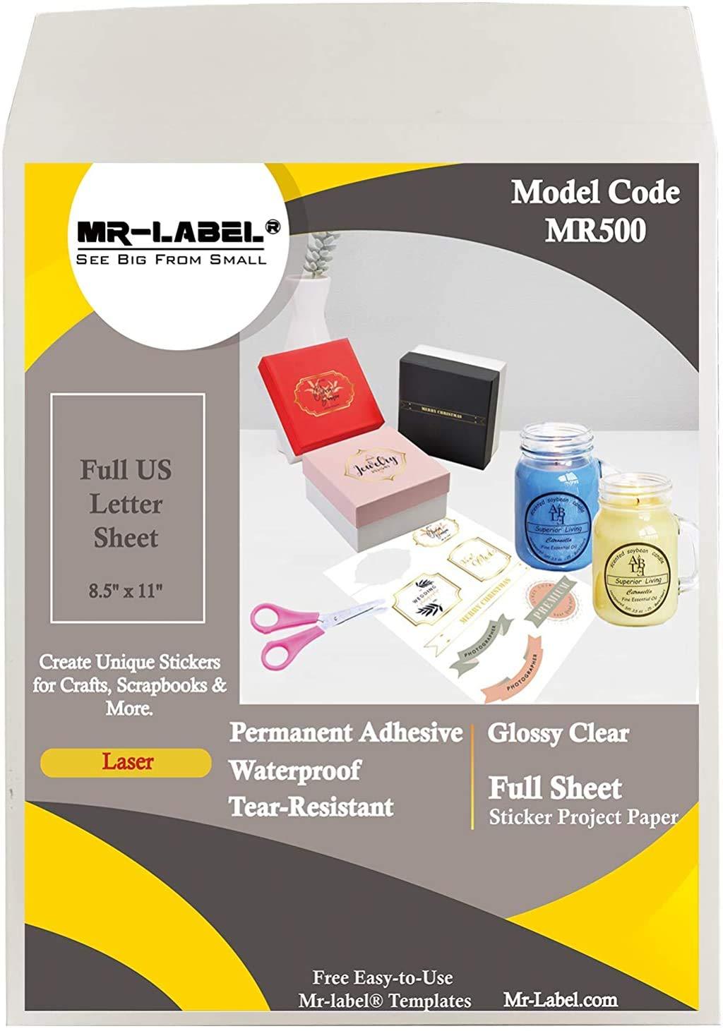 MR-Label Crystal Glossy Clear Multipurpose Labels - Waterproof & Tear-Resistant - Printable Sticker Paper for Holiday Crafts - for Laser Printer Only - 8.5" x 11" Full Sheet Labels - 25 Labels 25 Sheets - Total 25 Labels - LeoForward Australia