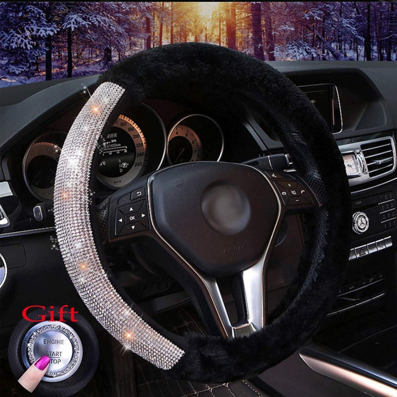  [AUSTRALIA] - EGBANG Car Steering Wheel Cover, Fur Bling Bling Rhinestone Auto Wheel Cushion Protector Luxurious Universal for Girls Lady Women (Black) Black