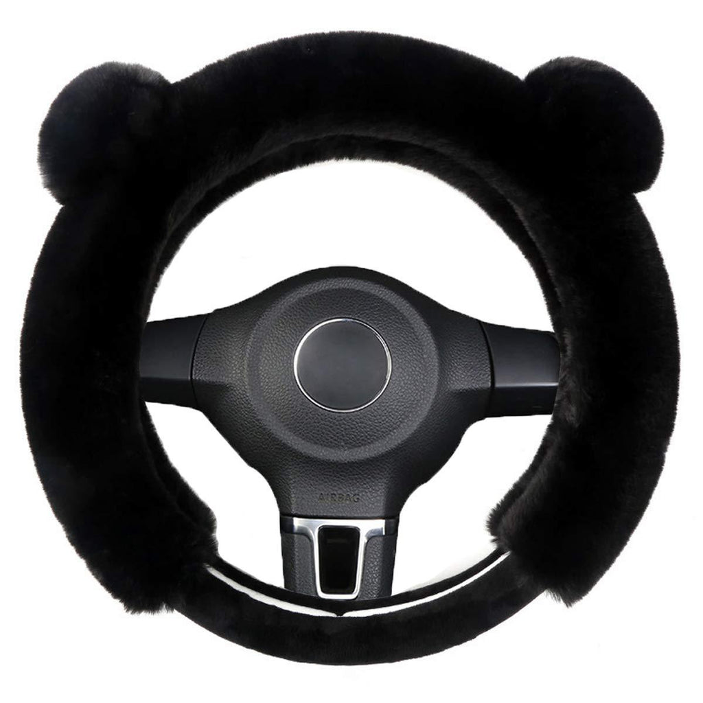  [AUSTRALIA] - Cxtiy Universal Fluffy Steering Wheel Cover Fashion Cute Cartoon Shape Winter Car Warm Covers for Women Girls (15 inch, Black) 15 inch
