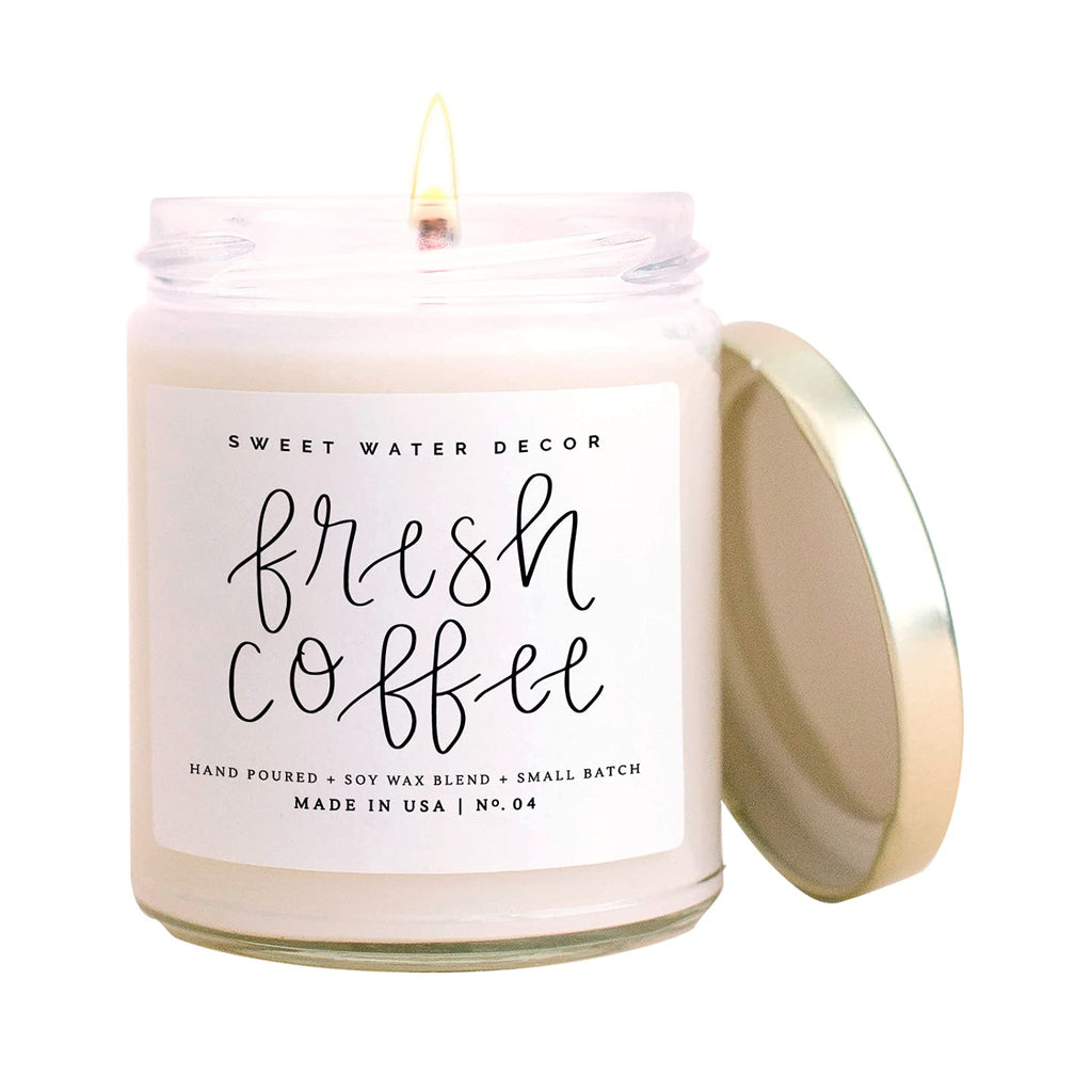 Sweet Water Decor Fresh Coffee Candle | Sweet Latte, Caramel Creme, Kona Coffee, and Rum Cream Scented Soy Candles for Home | 9oz Clear Glass Jar, 40 Hour Burn Time, Made in the USA - LeoForward Australia