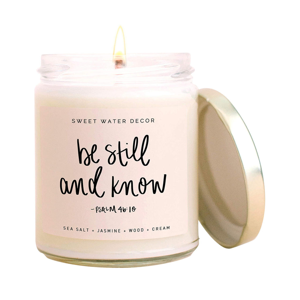 Sweet Water Decor, Be Still and Know, Sea Salt, Jasmine, Cream, and Wood Scented Soy Wax Candle for Home | 9oz Clear Glass Jar, 40 Hour Burn Time, Made in the USA - LeoForward Australia