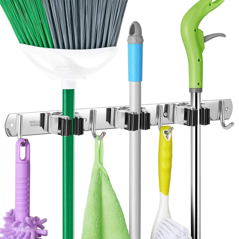  [AUSTRALIA] - IMILLET Broom and Mop Holder Wall Mounted, Stainless Steel Broom Holder Mop Holder Self Adhesive Heavy Duty Hooks Storage Organizer for Home Laundry Room Garden Garage（3 Racks with 4 Hooks） 1 Pack 3 Racks with 4 Hooks