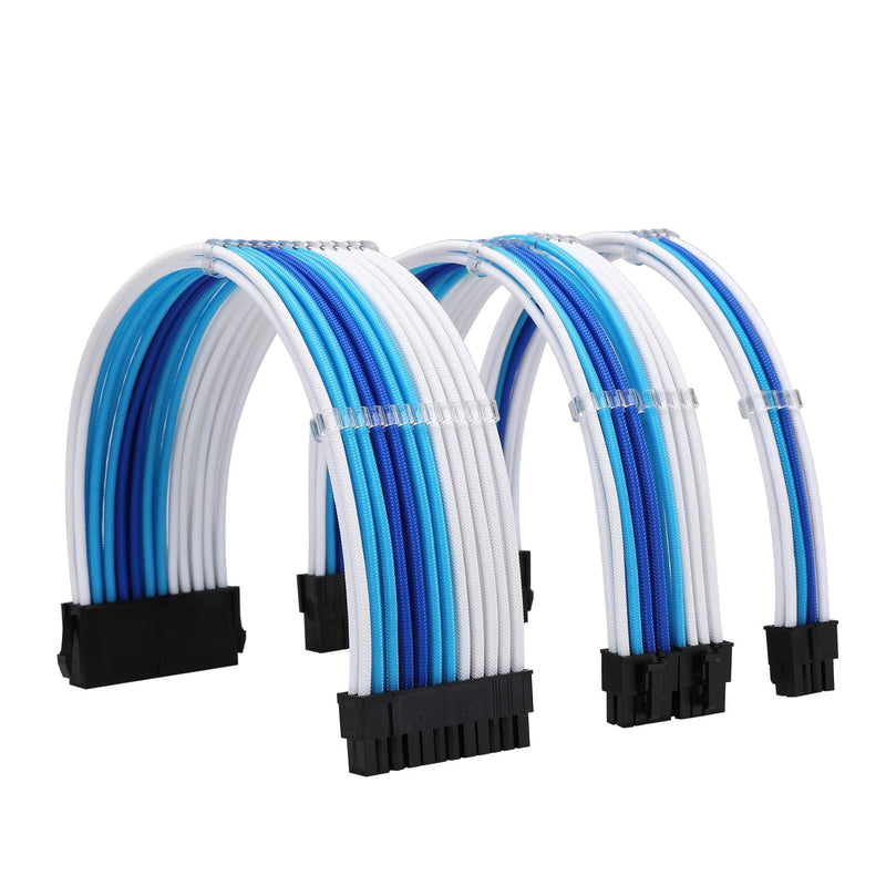  [AUSTRALIA] - FormulaMod Sleeve Extension Power Supply Cable Kit 18AWG ATX 24P+ EPS 8-P+PCI-E8-P with Combs for PSU to Motherboard/GPU Fm-NCK3 (White Sky Blue Deep Blue) White Sky Blue Deep Blue
