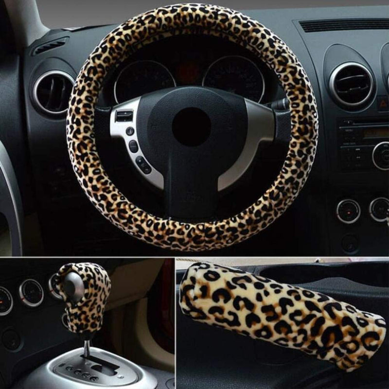  [AUSTRALIA] - i-Will 3 in 1 Leopard Printed Plush Steering Wheel Cover for Women Winter Warm + Gear Shift Cover + Handbrake Cover (Beige) Beige
