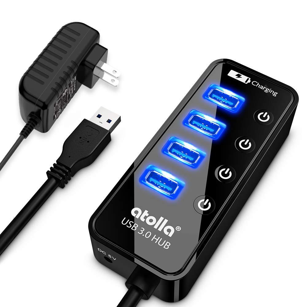  [AUSTRALIA] - Powered USB Hub, atolla 4-Port USB 3.0 Hub with 4 USB 3.0 Data Ports and 1 USB Smart Charging Port, USB Splitter with Individual On/Off Switches and 5V/3A Power Adapter