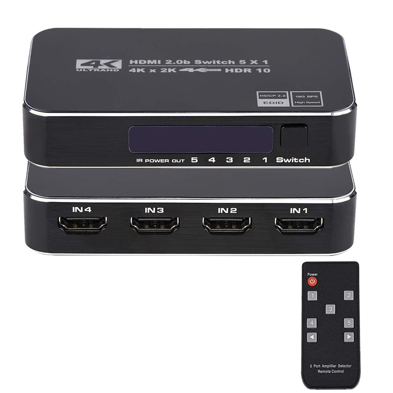  [AUSTRALIA] - 4K HDR HDMI Switch, HDMI Switcher 5x1 5 in 1 Out Ports 4K 60Hz HDMI 2.0 Switcher Selector with IR Remote, Supports Ultra HD Dolby Vision, High Speed (Max to 18.5Gbps), HDR10, HDCP 2.2 & 3D Black