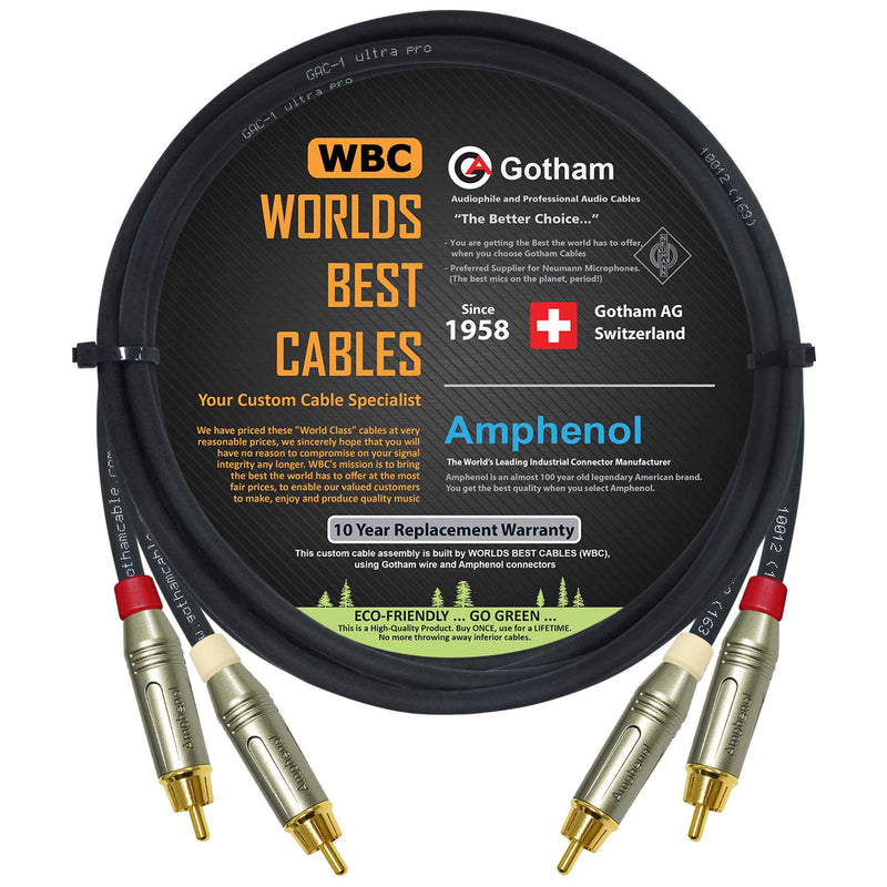 2 Foot RCA Cable Pair - Gotham GAC-1 Ultra Pro - Low-Cap (21pF/ft) Audio Interconnect Cable with Amphenol ACPR Die-Cast, Gold Plated RCA Connectors - LeoForward Australia