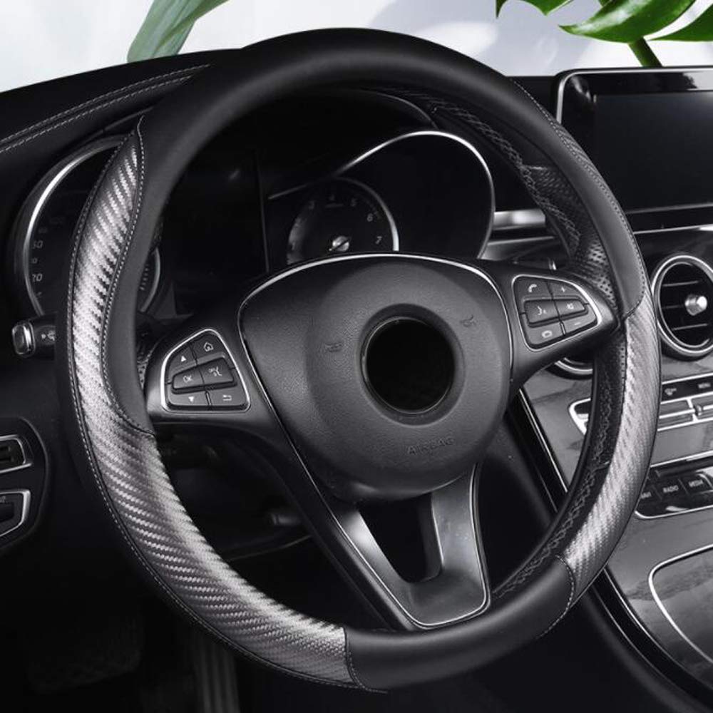  [AUSTRALIA] - i-Will Carbon Fiber Steering Wheel Cover Leather Sport Style Anti-Slip Wheel Handle Portector Universal 15 Inch Car Accessories (Gray) Gray