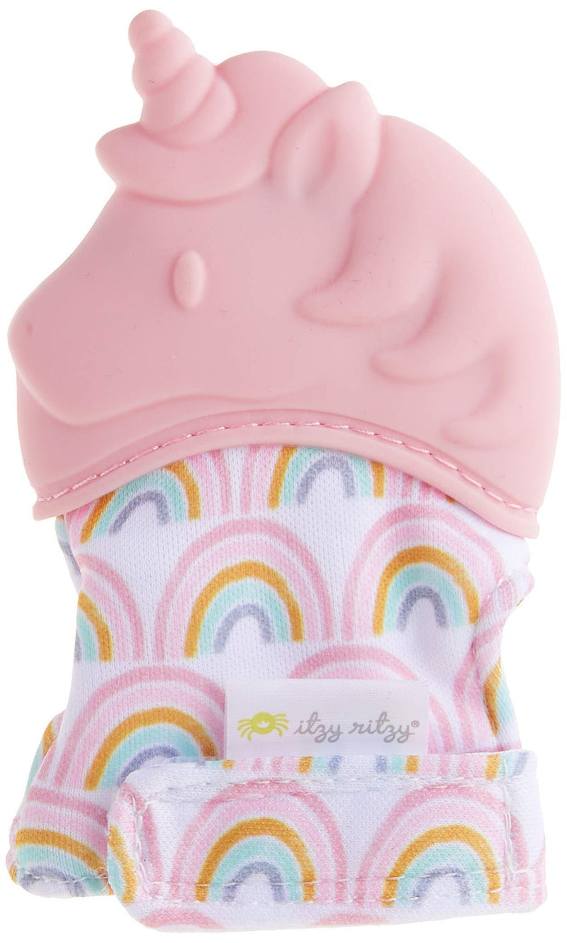 Itzy Ritzy Silicone Teething Mitt - Soothing Infant Teething Mitten with Adjustable Strap, Crinkle Sound & Textured Silicone to Soothe Sore & Swollen Gums, Blush Unicorn - LeoForward Australia