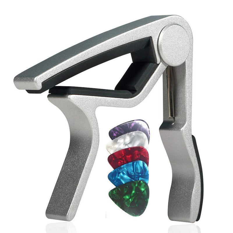 WINGO Quick-Change capo for 6 String Steel Acoustic and Electric Guitars with 5 Picks for Free,Silver Silver - LeoForward Australia